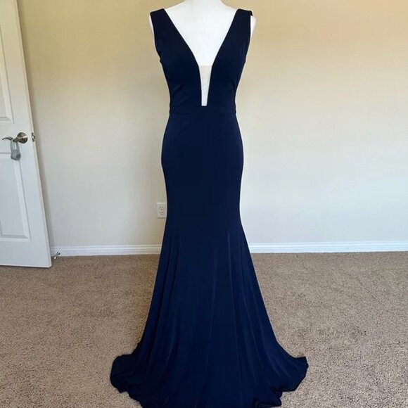 Jovani Navy Blue Plunging Neck and Back Mermaid Dress Size 4 - Picture 3 of 5